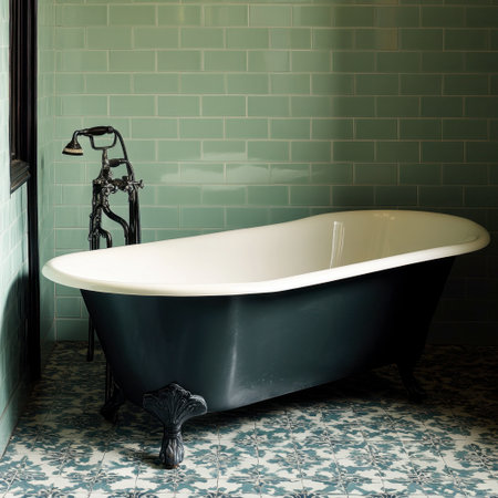 A beautiful vintage bathtub rests in a modern bathroom, surrounded by elegant green tiles. The perfect blend of style and comfort creates a serene atmosphere for relaxation.の素材