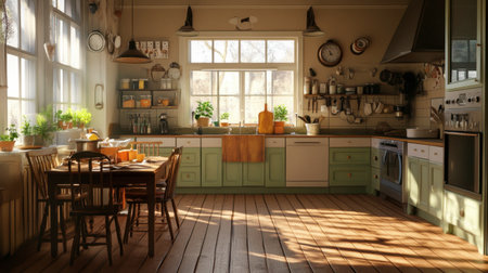 A cozy kitchen filled with natural light, featuring green cabinets, wooden floors, and vibrant plants. This inviting space captures warmth and culinary creativity.の素材