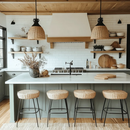 A stylish kitchen featuring natural elements, modern decor, and a cozy atmosphere. Perfect for cooking enthusiasts and design inspiration.の素材