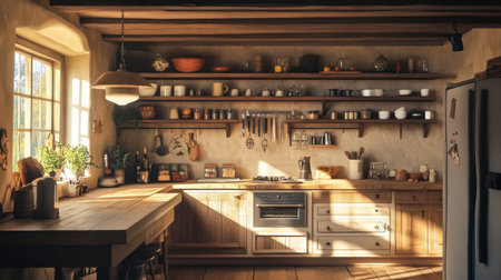 This image features a cozy rustic kitchen with wooden accents bathed in natural sunlight. The simple yet elegant design highlights kitchen essentials, plants, and warm tones.の素材