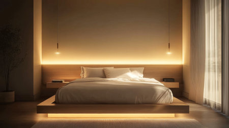 This serene minimalist bedroom features a wooden bed with soft bedding, complemented by warm ambient lighting. Perfect for relaxation and tranquility.の素材