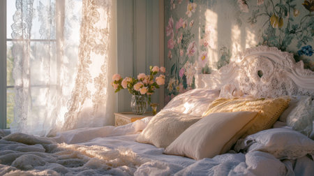 A serene bedroom featuring floral wallpaper and soft linens. Sunlight pours through sheer curtains, creating a cozy atmosphere enhanced by fresh flowers. Perfect for relaxation.の素材