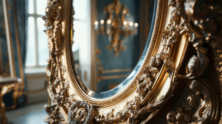 Discover the beauty of an ornate gold frame mirror reflecting elegance and luxury. This stunning piece enhances the sophistication of any interior setting.の素材