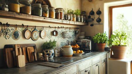 A rustic kitchen scene showcasing an inviting countertop filled with fresh herbs, colorful ingredients, and natural light, creating a warm and cozy atmosphere.の素材