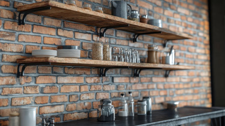 Rustic kitchen shelves display a variety of containers and tableware against a textured brick wall, creating a warm and inviting culinary atmosphere.の素材