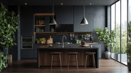 A sleek and stylish modern kitchen featuring dark cabinetry, wooden accents, and elegant decor. This space blends greenery with contemporary design, creating a warm atmosphere.の素材