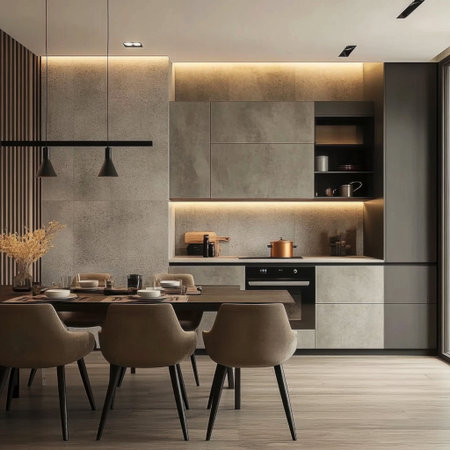A stunning minimalist kitchen featuring a stylish dining area, warm lighting, and modern furniture. Ideal for showcasing contemporary home design and aesthetics.の素材