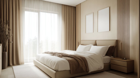 Modern bedroom featuring neutral tones and minimalist decor. Soft lighting filters through sheer curtains, creating a serene and cozy atmosphere perfect for relaxation.の素材