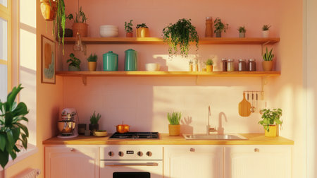 A bright and cozy kitchen featuring wooden shelves filled with plants and warm decor. Natural light illuminates a welcoming cooking space perfect for home chefs.の素材