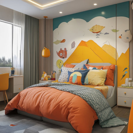 A cozy children's bedroom featuring colorful decor, playful bedding, and cheerful wall art, creating an inviting space for creativity and relaxation.の素材
