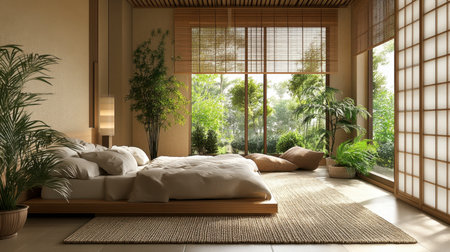 Embrace serenity in this tranquil bedroom filled with natural light. Featuring elegant decor and lush greenery, the space invites relaxation and peace.の素材