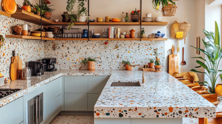 Bright and inviting modern kitchen featuring a stunning terrazzo countertop, stylish decor, and vibrant plants. A perfect blend of comfort and aesthetics for home cooking.の素材