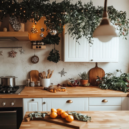 A cozy kitchen decorated for the holidays, featuring warm lights, festive ornaments, and natural greenery. Perfect for inviting gatherings and culinary joy.の素材