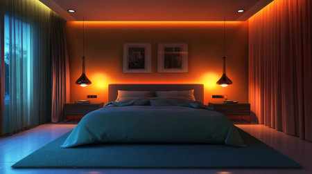 This image showcases a cozy modern bedroom featuring warm ambient lighting, stylish decor, and a serene atmosphere perfect for relaxation. The inviting space emphasizes comfort and elegance.の素材