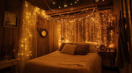 A serene bedroom setting featuring warm fairy lights draped on wooden walls, creating an inviting atmosphere perfect for relaxation and comfort.の素材