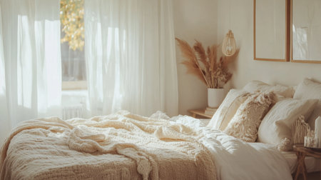 A serene bedroom scene showcasing soft textures, natural light, and inviting decor. Warm tones create a cozy atmosphere perfect for relaxation and tranquility.の素材