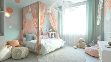 Bright and airy children's bedroom designed with soft pastel tones and cozy furnishings. The space features playful decor, comfortable bedding, and plenty of natural light. Perfect for fostering imagination and relaxation.の素材