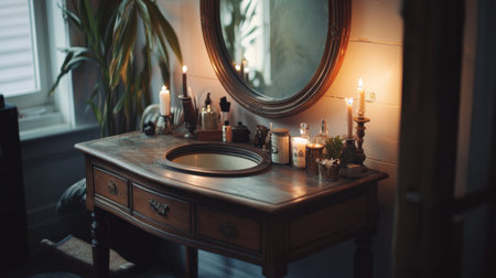 A warm and inviting vintage vanity table with a mirror surrounded by candles, creating a serene atmosphere perfect for personal grooming and relaxation.の素材