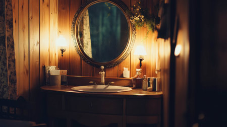 A cozy bathroom featuring a vintage round mirror, warm wooden walls, and soft lighting, creating an inviting atmosphere perfect for relaxation and personal care.の素材