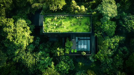 A stunning aerial view of a modern eco-friendly house nestled in a dense tropical forest, featuring a lush green rooftop. This image captures the essence of sustainable living.の素材