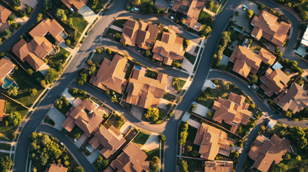 Stunning aerial perspective showcasing a peaceful residential neighborhood with modern houses, winding streets, and lush greenery, radiating a serene atmosphere.の素材