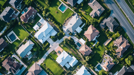 Scenic aerial shot showcasing a residential neighborhood with various houses, green lawns, and swimming pools, reflecting a charming community and suburban life.の素材