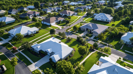 Capture the essence of community living in this aerial view of a vibrant residential neighborhood, showcasing lush green lawns and well-planned layouts.の素材