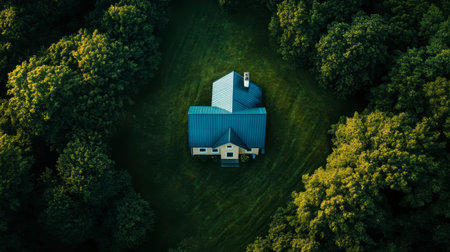 This stunning aerial view showcases a charming house nestled in a vibrant green forest. The tranquil scene highlights the beauty of nature and the peacefulness of rural living.の素材