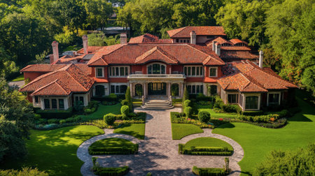 Stunning luxury mansion features elegant architecture with lush green landscaping. A picturesque outdoor setting that embodies sophistication and charm.の素材