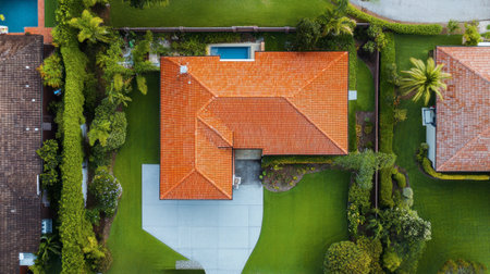 A stunning aerial view of a modern home showcasing a red tile roof, lush green lawn, inviting pool, and well-maintained garden, ideal for relaxation.の素材