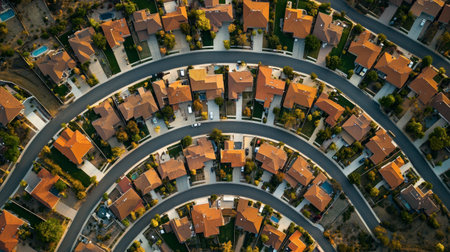 A captivating aerial view of a residential neighborhood showcasing houses with orange roofs, curved streets, and greenery, illustrating community living.の素材
