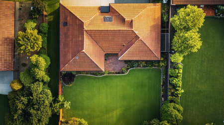 This aerial image showcases a well-maintained suburban home surrounded by lush greenery. The bright lawn and neatly landscaped garden enhance the inviting atmosphere.の素材