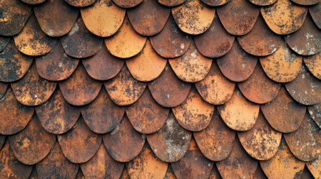 A detailed view of vintage roof shingles showcasing various warm tones. The aged texture and unique patterns create a stunning visual, perfect for architectural and design contexts.の素材