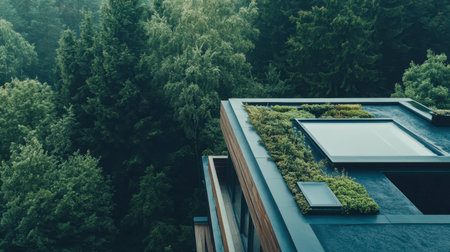 Explore the beauty of modern architecture with a green roof integrating nature into urban living. This unique design showcases sustainability and innovative landscaping.の素材