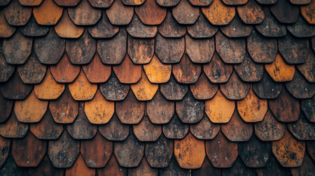 Close-up view of rustic wooden roof tiles showcasing a blend of textures and warm earthy tones, perfect for design projects and architectural inspiration.の素材