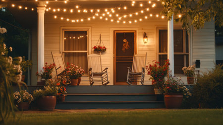 A charming front porch adorned with warm string lights and vibrant flowers creates an inviting atmosphere for relaxation and enjoyment during summer evenings.の素材