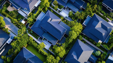 Explore a stunning aerial view of a residential neighborhood, highlighting modern houses nestled among vibrant greenery, creating a peaceful urban oasis.の素材