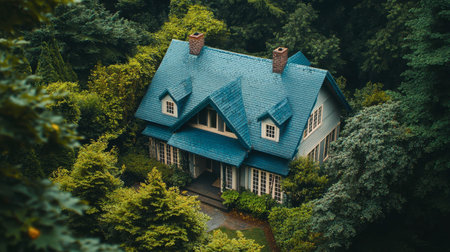 A charming house with a blue roof nestled amid vibrant green trees. The serene setting offers a peaceful retreat, showcasing beautiful architecture and tranquility.の素材