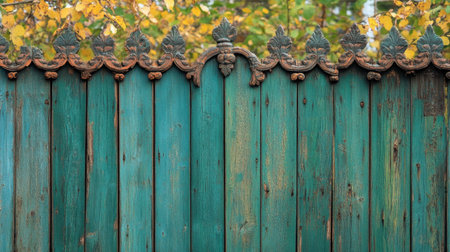 This striking vintage turquoise wooden fence features intricate ironwork along the top, set against a backdrop of lush autumn leaves. Perfect for evoking nostalgia.の素材
