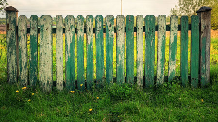 A rustic, weathered green wooden fence stands in a grassy field, surrounded by dandelions. This image captures the charm of rural life and tranquility in nature.の素材