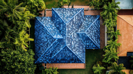 This aerial image showcases a striking blue tiled roof surrounded by lush greenery, providing a modern and vibrant aesthetic ideal for architectural studies or property marketing.の素材