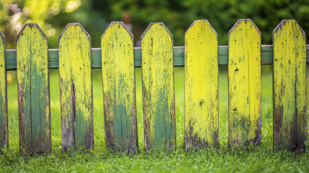 This image showcases a vibrant and weathered wooden fence painted in green and yellow, enhancing the charm of a sunny garden. Perfect for various outdoor themes.の素材