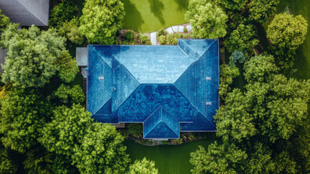 A stunning aerial view of a modern home with a vibrant blue roof nestled among lush greenery. The serene landscape showcases a peaceful backyard and well-maintained garden pathways.の素材