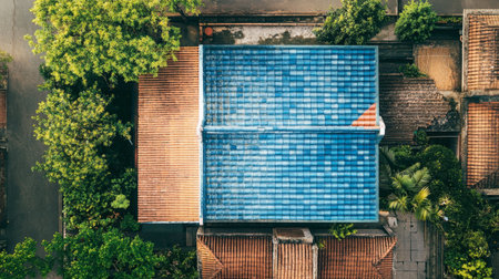 Capture a stunning aerial view showcasing unique rooftops with vibrant blue tiles nestled among lush greenery, reflecting a harmonious blend of nature and urban design.の素材