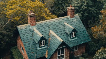 A picturesque rustic house nestled in vibrant greenery, featuring charming brickwork and a classic tiled roof. An idyllic retreat from urban life.の素材