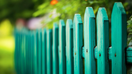 A bright green wooden fence creates a serene backdrop in a sunny garden setting, highlighting nature's beauty and inviting a sense of tranquility.の素材