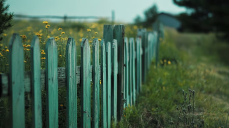 A charming rustic green fence adorned with vibrant wildflowers creates a tranquil atmosphere in this serene countryside landscape, perfect for nature lovers.の素材