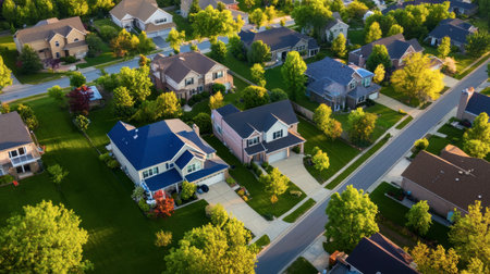 Captivating aerial view of a residential neighborhood showcasing homes surrounded by lush greenery and well-maintained gardens under a clear blue sky.の素材