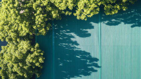 This aerial image showcases a vibrant green rooftop framed by lush trees, creating a beautiful contrast of colors and shadows in a natural environment.の素材