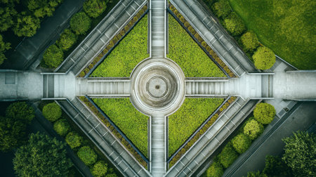 This stunning aerial image captures a symmetrical garden layout showcasing vibrant greenery and intricate pathways, creating a tranquil urban oasis.の素材